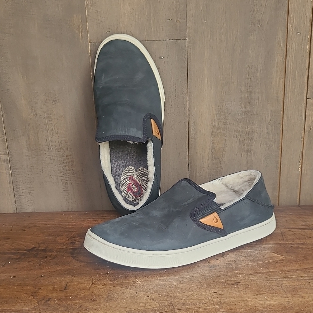 OluKai Shoes Women's sz 7 Pehuea Hen Black Nubuck Leather Slip On Sneaker